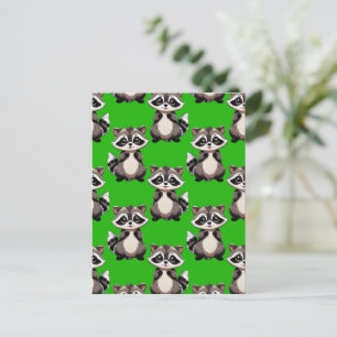 Raccoon Pattern Design Green Postcard