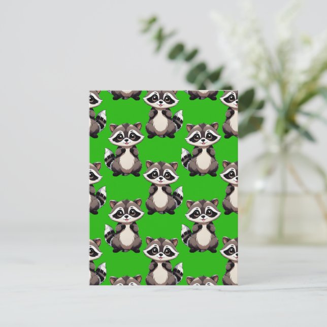 Raccoon Pattern Design Green  Postcard (Standing Front)
