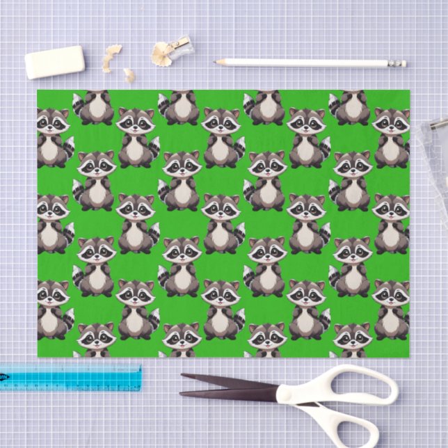 Raccoon Pattern Design Green  Tissue Paper (Craft)