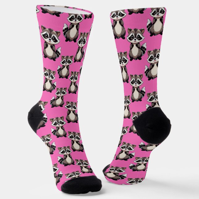 Raccoon Pattern Design Pink  Socks (Angled)