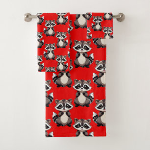 Raccoon Pattern Design Red  Bath Towel Set