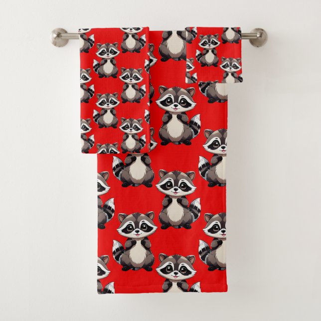 Raccoon Pattern Design Red  Bath Towel Set (Insitu)