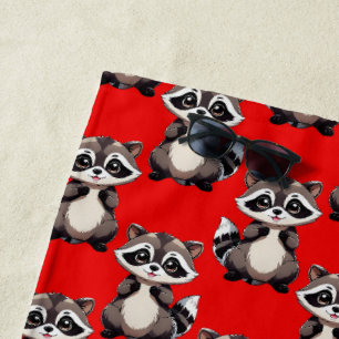Raccoon Pattern Design Red  Beach Towel