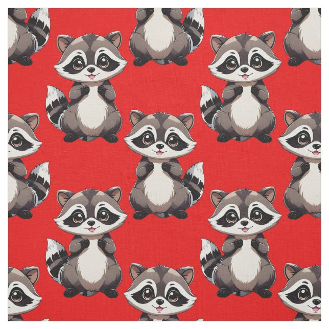 Raccoon Pattern Design Red  Fabric (Swatch)