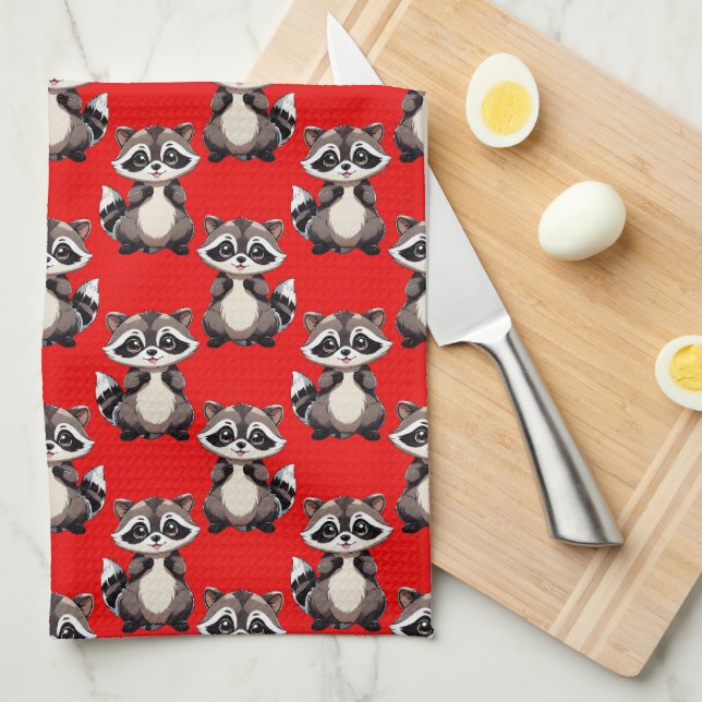 Raccoon Pattern Design Red  Kitchen Towel (Quarter Fold)