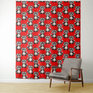 Raccoon Pattern Design Red  Tapestry