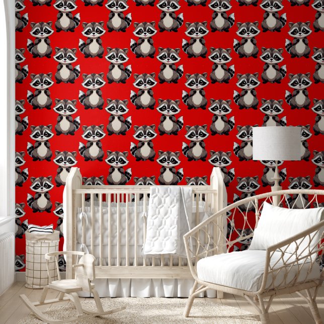 Raccoon Pattern Design Red  Wallpaper (Kids)