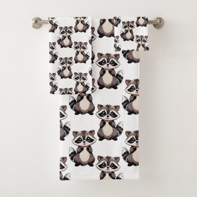 Raccoon Pattern Design White  Bath Towel Set (Insitu)