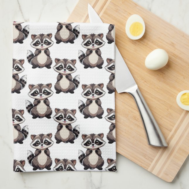 Raccoon Pattern Design White  Kitchen Towel (Quarter Fold)