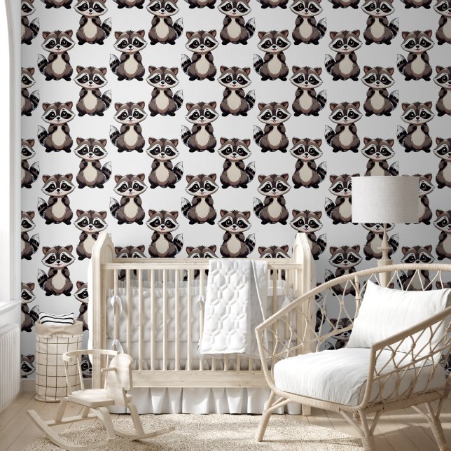 Raccoon Pattern Design White  Wallpaper (Kids)
