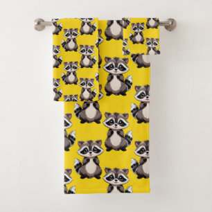 Raccoon Pattern Design Yellow  Bath Towel Set