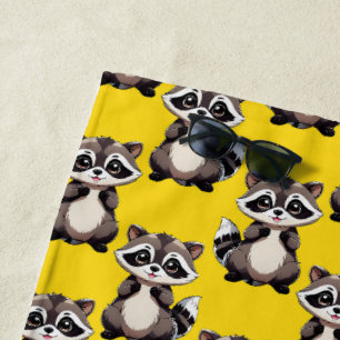 Raccoon Pattern Design Yellow  Beach Towel