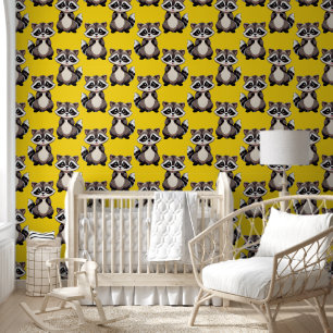Raccoon Pattern Design Yellow  Wallpaper