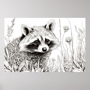 Raccoon Peaceful Nature Prairie Sketch Drawing Art Poster