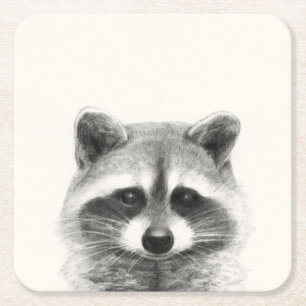Raccoon Pencil Drawing Square Paper Coaster