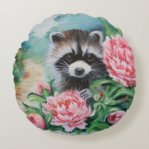 Raccoon & Peonies Throw Pillows