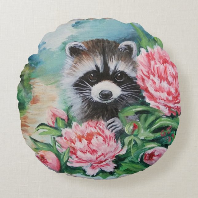 Raccoon & Peonies Throw Pillows (Front)