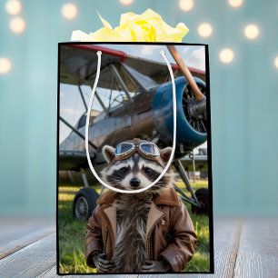 Raccoon Pilot Airplane Funny Photo Birthday Medium Gift Bag