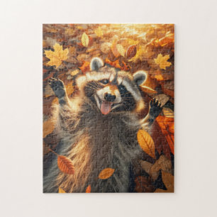 Raccoon Playing in the Autumn Leaves Jigsaw Puzzle