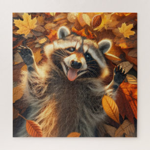 Raccoon Playing in the Autumn Leaves Jigsaw Puzzle