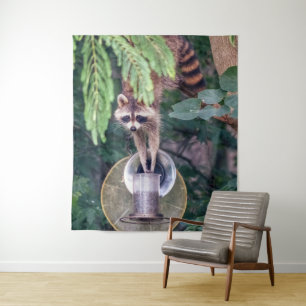 Raccoon Raiding the Bird Feeder Tapestry