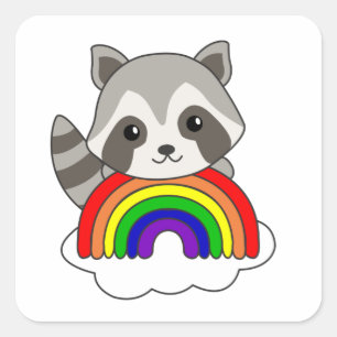 Raccoon Rainbow Sweet Animals Colourful Raccoon Square Sticker