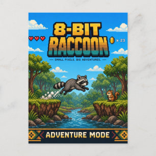 Raccoon, Retro 8-Bit Pixel Art Postcard