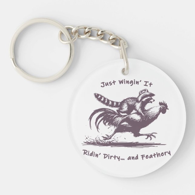 Raccoon Riding Rooster – Barnyard Rodeo Cowboy Keychain (Front)