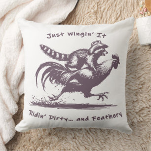 Raccoon Riding Rooster – Barnyard Rodeo Cowboy Throw Pillow