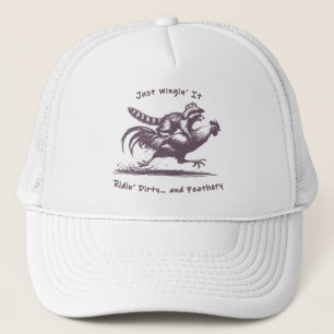 Raccoon Riding Rooster – Barnyard Rodeo Cowboy Trucker Hat