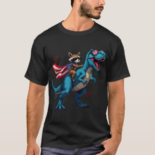Raccoon Riding T Rex 4Th Of July Us Flag Patriotic T-Shirt