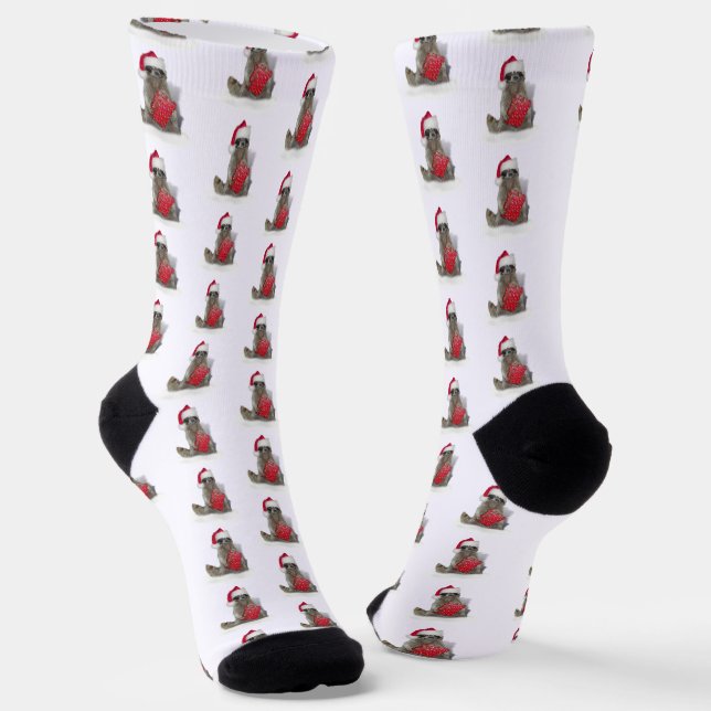 Raccoon Santa Hat Christmas Socks (Angled)