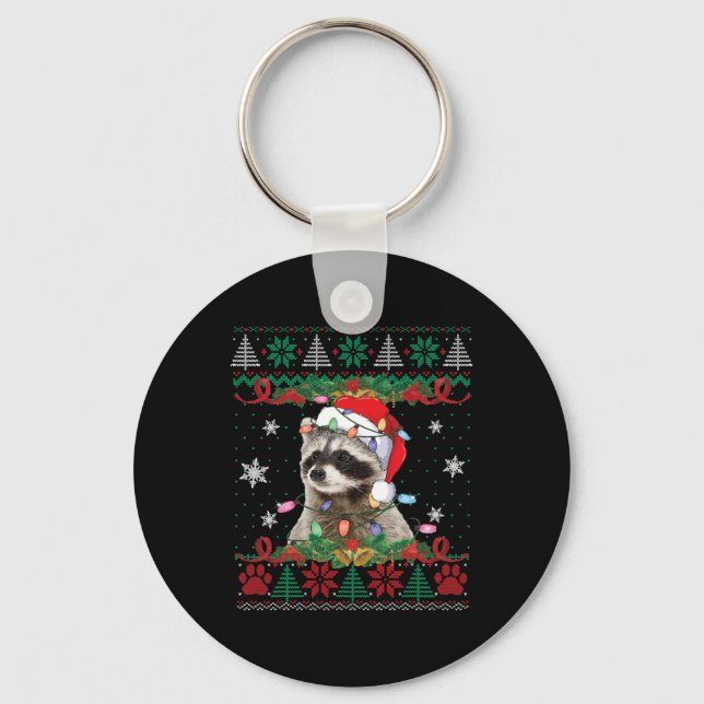 Raccoon Santa Hat Christmas Ugly Sweater Animals L Keychain (Front)