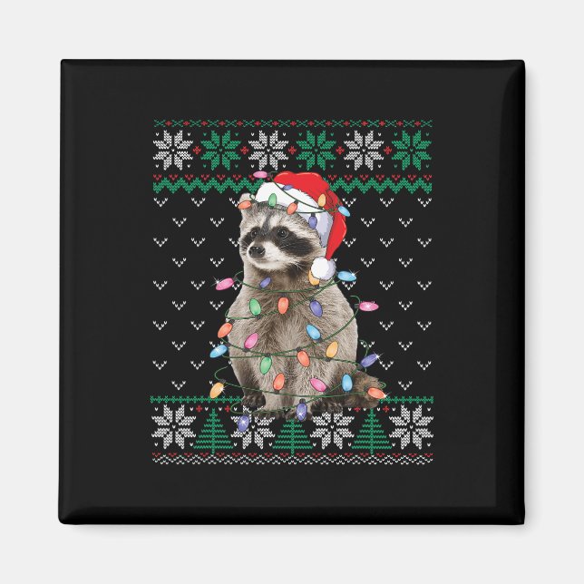 Raccoon Santa Hat Christmas Ugly Sweater Animals L Magnet (Front)