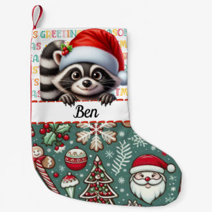 Raccoon Santa with Seasons Greetings Design Small Christmas Stocking