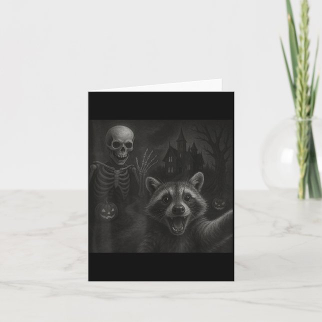 Raccoon Selfie With Skeleton Funny Raccoon Hallowe Card (Front)