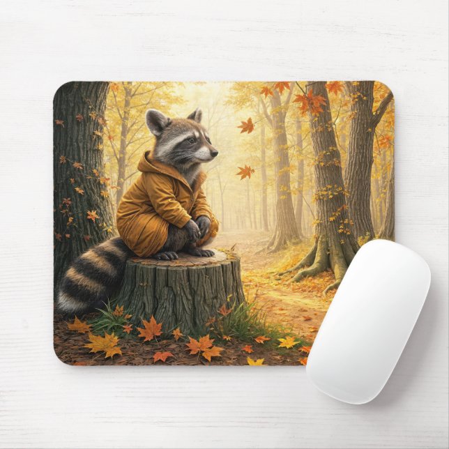 Raccoon Sitting On a Tree Stump Mouse Pad (With Mouse)