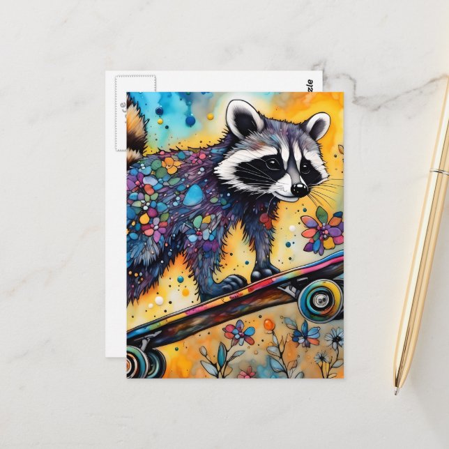 Raccoon Skateboarding Postcard (Front/Back In Situ)