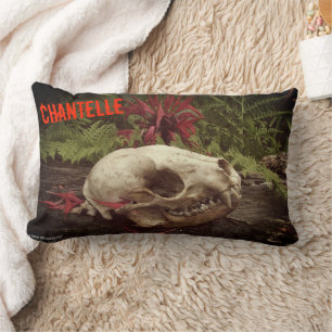 Raccoon skull old log with ferns and red Monarda Lumbar Pillow