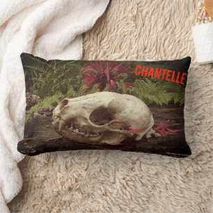Raccoon skull old log with ferns and red Monarda Lumbar Pillow
