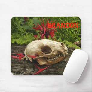 Raccoon skull old log with ferns and red Monarda Mouse Pad