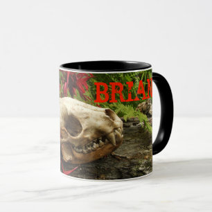 Raccoon skull old log with ferns and red Monarda Mug