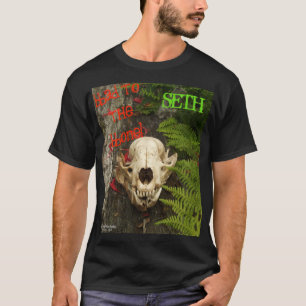 Raccoon skull old log with ferns and red Monarda T-Shirt