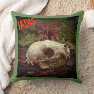 Raccoon Skull On Old Log Ferns And Red Bee Balm Throw Pillow