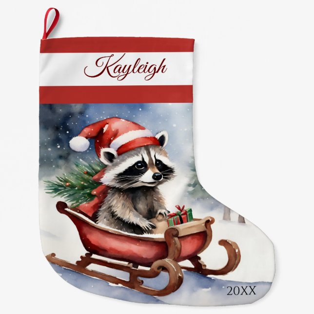 Raccoon Sledding Large Christmas Stocking (Front)