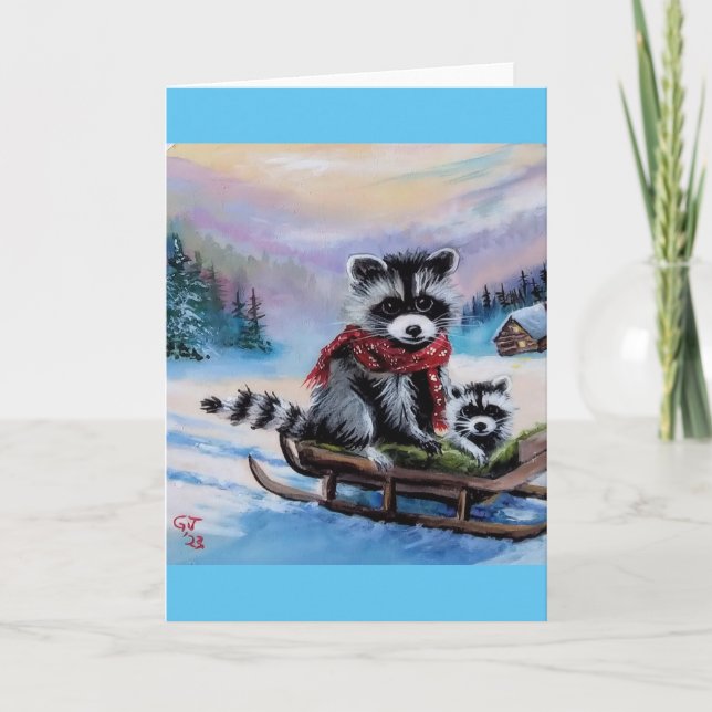 Raccoon sledding Winter Scene Blank Greeting Card (Front)