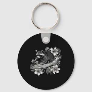 Raccoon Surfing Hawaii Hibiscus Flowers Surfing Fu Keychain