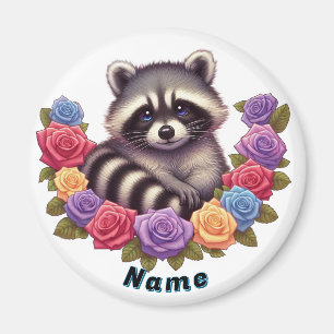Raccoon Surrounded by Vibrant Colorful Roses Magnet