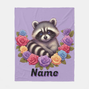 Raccoon Surrounded by Vibrant Colourful Roses  Fleece Blanket