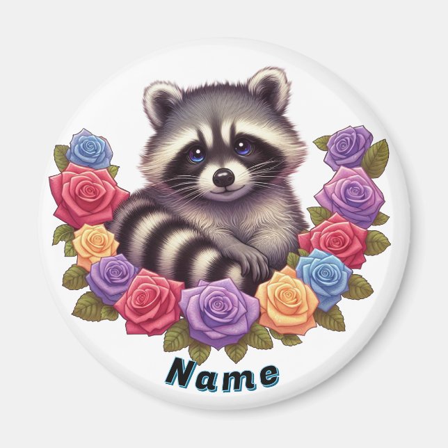 Raccoon Surrounded by Vibrant Colourful Roses  Magnet (Front)